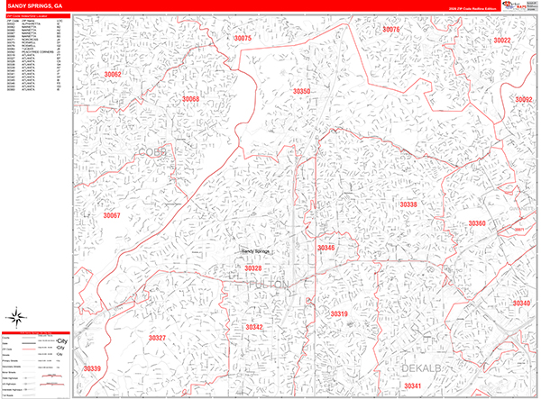 Sandy Springs City Wall Map Red Line Style
